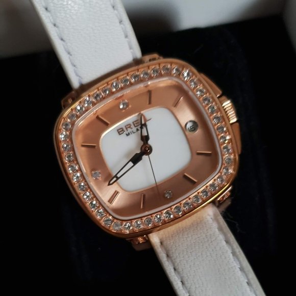 NIB BREIL MILANO Watch Swarovski Crystals Rose Gold white Leather Band TW1318 main image 7
